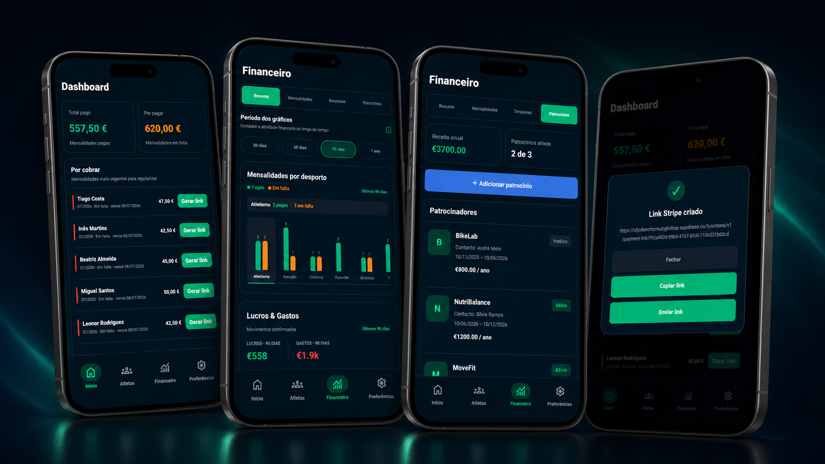 AthleticsPay dashboard, payments and sponsors screens