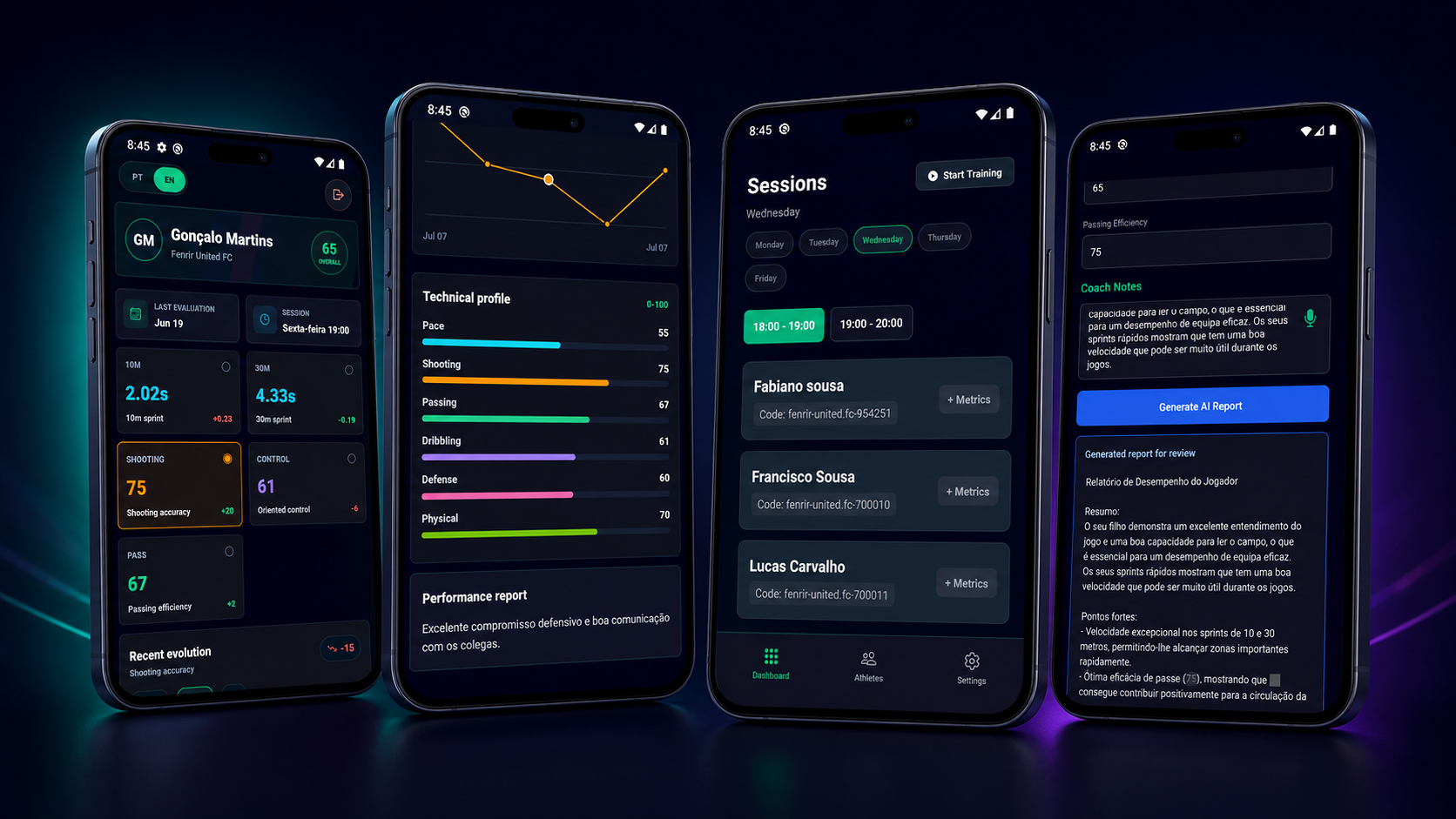 Footzy athlete, performance, sessions and AI report screens