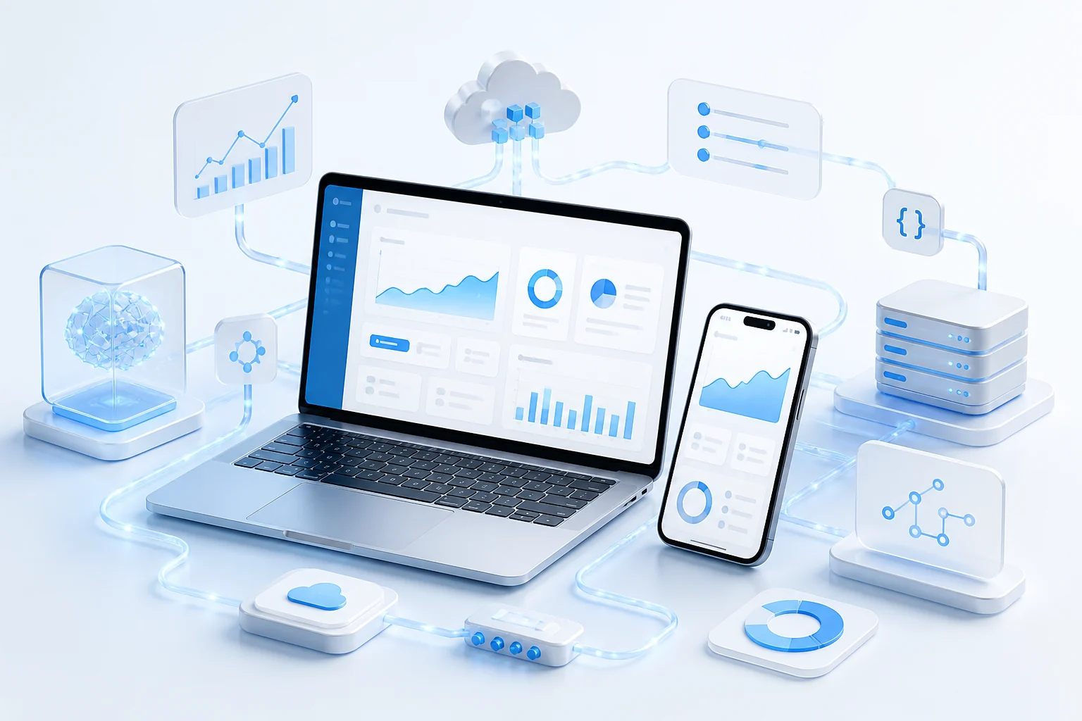 Ecossistema digital com software web, aplicação mobile, inteligência artificial, cloud e análise de dados interligados